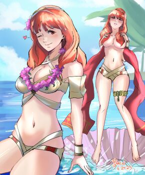 Rule 34 | 1girl, ;), beach, bikini, bikini bottom only, breasts, celica (fire emblem), celica (summer) (fire emblem), clam, cleavage, cloud, cloudy sky, covering breasts, covering privates, criss-cross halter, fire emblem, fire emblem echoes: shadows of valentia, fire emblem heroes, flower, flower necklace, gluteal fold, hair flower, hair ornament, hair over breasts, half-closed eyes, halterneck, heart, highres, jewelry, kaen (yoltablaze), large breasts, leg brace, lei, long hair, multiple views, necklace, nintendo, official alternate costume, one eye closed, orange eyes, orange hair, palm tree, red eyes, red hair, red sash, sash, sitting, skindentation, sky, smile, summer, swimsuit, thighs, topless female, tree, water