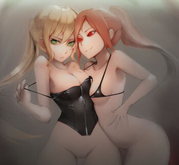 2girls bare_arms bare_shoulders blonde_hair breasts cleavage code_vein collarbone commentary gray_bear green_eyes hair_between_eyes heart heart-shaped_pupils heart_in_eye long_hair medium_breasts mia_karnstein multiple_girls ponytail pussy red_eyes red_hair rin_murasame smile symbol-shaped_pupils symbol_in_eye