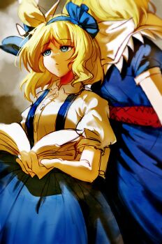 1girl absurdres alice_margatroid alice_margatroid_(pc-98) black_sheep_(artist) blonde_hair blue_eyes blue_hairband book bow dress grimoire_of_alice hair_bow hair_ornament hair_ribbon hairband highres long_hair ribbon shirt short_hair short_sleeves skirt solo suspenders touhou touhou_(pc-98) yellow_eyes