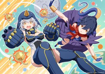 2girls armor armored_boots armored_dress bare_shoulders black_hair boots dress gauntlets grendizer_u grey_hair horns mazinger_(series) mecha_musume multiple_girls official_art pinakes scarf single_horn sleeveless tail thighhighs ufo_robo_grendizer yellow_eyes