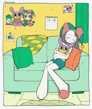 1girl artist_name border calendar_(object) character_doll closed_eyes closed_mouth colored_sclera colored_skin colored_teeth commentary couch doll english_commentary green_pillow green_shorts grin hat hat_bell heart highres holding holding_stuffed_toy indoors jax_(the_amazing_digital_circus) jester_cap orange_pillow pillow plant platform poster_(object) potted_plant red_slippers shorts single_bare_foot sitting slippers smile solo stuffed_animal stuffed_toy taffimaya the_amazing_digital_circus two-tone_hat white_border white_skin yellow_sclera yellow_teeth
