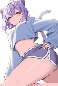 Rule 34 | 1girl, ahoge, alternate costume, animal ear fluff, animal ears, ass, breasts, cat ears, cat girl, cat tail, closed mouth, commentary request, dolphin shorts, hand on own hip, highres, hololive, looking at viewer, medium breasts, medium hair, nekomata okayu, one eye closed, purple eyes, purple hair, shirt, shorts, solo, tail, tenpa illust, virtual youtuber, white background, white shirt