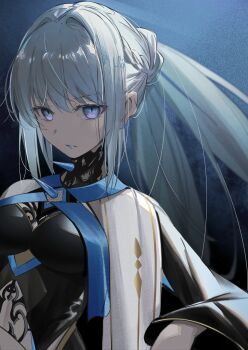 1girl absurdres belt black_dress blue_eyes blue_lips braid breasts capelet center_opening clothing_cutout crown dress fate/grand_order fate_(series) gloves grey_hair half_up_braid highres holding holding_staff large_breasts lipstick long_hair long_sleeves looking_at_viewer makeup morgan_le_fay_(fate) morgan_le_fay_(queen_of_winter)_(fate) multicolored_capelet ornament oyaji_hime ponytail sidelocks solo staff stomach_cutout striped_belt two-tone_dress very_long_hair white_hair wide_sleeves