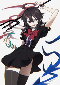 1girl absurdres ahoge arm_up asymmetrical_wings black_dress black_thighhighs bow bowtie brown_hair commentary_request dress fang highres holding holding_polearm holding_weapon houjuu_nue looking_at_viewer medium_hair open_mouth pointy_ears polearm puffy_short_sleeves puffy_sleeves red_bow red_bowtie red_eyes short_sleeves signature skin_fang solo thighhighs touhou trident uehara_suiyo weapon wings