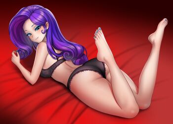 Rule 34 | 1girl, :d, absurdres, alternate skin color, ass, back, bare arms, bare legs, bare shoulders, barefoot, bed sheet, black bra, black panties, blue eyes, blue eyeshadow, blue nails, blush, bra, commentary, curly hair, english commentary, eyeshadow, feet, feet up, forehead, full body, grin, hand up, highres, knees together feet apart, lace, lace-trimmed bra, lace-trimmed panties, lace bra, lace trim, legs, lips, long hair, looking at viewer, looking back, lying, makeup, my little pony, my little pony: equestria girls, my little pony: friendship is magic, nail polish, on bed, on stomach, open mouth, panties, purple hair, racoon-kun, rarity (equestria girls), rarity (my little pony), red background, simple background, smile, solo, the pose, toenail polish, toenails, toes, underwear, underwear only, very long hair, vignetting