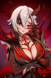 Rule 34 | 1girl, alternate breast size, arlecchino (genshin impact), black eyes, black hair, breasts, cleavage, foxyreine, genshin impact, grey hair, hair between eyes, highres, large breasts, long hair, long sleeves, looking at viewer, multicolored hair, official alternate costume, open mouth, red pupils, solo, streaked hair, symbol-shaped pupils, white hair, x-shaped pupils