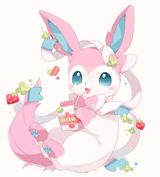 animal_focus blue_eyes blush bow drink_carton drinking_straw fangs food fruit full_body gen_6_pokemon highres milk_carton nintendo no_humans pawpads pokemon pokemon_(creature) ribbon strawberry sylveon tail ushiina white_background