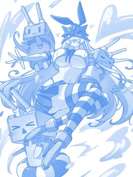 1girl beelstarmon blue_theme breasts copyright_name cosplay cropped_shirt digimon digimon_(creature) echieichi eye_mask full_body highleg highleg_panties highres large_breasts long_hair mask miniskirt monochrome one_eye_closed panties pleated_skirt shimakaze_(kancolle) shimakaze_(kancolle)_(cosplay) skirt solo_focus striped_clothes striped_thighhighs thighhighs third_eye underboob underwear