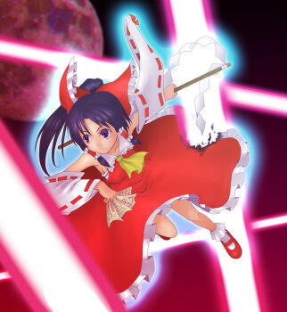 1girl black_eyes black_hair bow closed_mouth collarbone commentary_request danmaku flying gohei hair_between_eyes hair_bow hakurei_reimu holding holding_gohei laser md5_mismatch moon ofuda red_bow red_shoes resolution_mismatch revision ribbon shiganai_might shoes socks solo source_larger touhou white_socks