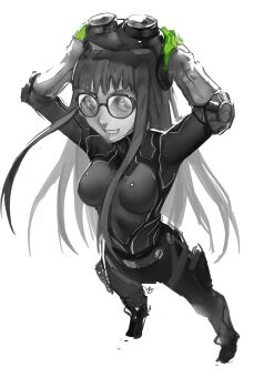 10s 1girl bodysuit club3 female_focus full_body glasses headphones highres long_hair looking_at_viewer monochrome oracle_(persona_5) persona persona_5 sakura_futaba simple_background smile solo white_background