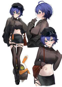 1girl absurdres alternate_costume bag bangboo_(zenless_zone_zero) baseball_cap belle_(zenless_zone_zero) black_gloves black_hat black_jacket black_shirt black_shoes black_skirt black_thighhighs blue_hair blush breasts cropped_shirt earrings gloves hat highres inu_lin jacket jewelry large_breasts midriff miniskirt multiple_views navel shirt shoes short_hair shoulder_bag simple_background skirt smile stomach thighhighs white_background zenless_zone_zero
