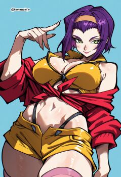 Rule 34 | 1girl, absurdres, bare shoulders, blue background, blush, breasts, cleavage, closed mouth, cowboy bebop, faye valentine, fingernails, green eyes, hairband, highleg, highleg panties, highres, komatsuki n, long fingernails, looking at viewer, midriff, navel, orange hairband, panties, pink thighhighs, purple hair, short hair, short shorts, shorts, simple background, smile, solo, thighhighs, twitter username, underwear, yellow shorts