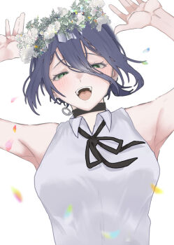 1girl armpits arms_up black_choker black_hair black_ribbon blue_hair blush breasts chainsaw_man choker collared_shirt flower flower_wreath green_eyes grenade_pin hair_between_eyes half-closed_eyes head_wreath looking_at_viewer medium_breasts neck_ribbon open_mouth petals reze_(chainsaw_man) ribbon shirt shonimon short_hair simple_background sleeveless sleeveless_shirt smile solo teeth upper_body upper_teeth_only white_background white_shirt