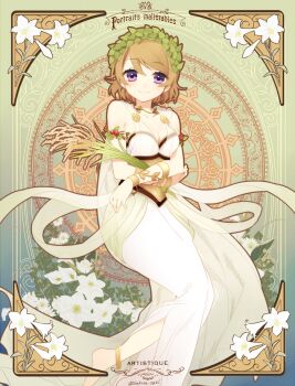 10s 1girl anklet armband art_nouveau bare_shoulders barefoot bracelet breasts brown_hair cleavage collarbone dress female_focus flower ichinose_yukino jewelry koizumi_hanayo laurel_wreath lily_(flower) love_live! love_live!_school_idol_festival love_live!_school_idol_project medium_breasts olive_wreath purple_eyes rice see-through_clothes short_hair smile solo