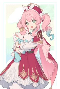 Rule 34 | 1girl, absurdres, aqua eyes, beret, commentary request, creature, dress, drill hair, gomi (kaiwaresan44), hair between eyes, hat, highres, holding, holding creature, honkai: star rail, honkai (series), hyacine (honkai: star rail), little ica (honkai: star rail), long hair, long sleeves, looking at viewer, pantyhose, pink hair, puffy long sleeves, puffy sleeves, red dress, red hat, solo, twin drills, white pantyhose, white sleeves, yellow pupils