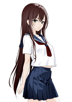 1girl arm_at_side blue_sailor_collar blue_skirt brown_hair choppy_bangs commentary_request commission cowboy_shot expressionless from_side grey_eyes highres large_variant_set long_hair looking_at_viewer looking_to_the_side moonsorrow neckerchief original parted_lips pixiv_commission pleated_skirt red_neckerchief sailor_collar school_uniform serafuku shirt shirt_overhang short_sleeves simple_background skirt solo standing straight_hair variant_set very_long_hair white_background white_shirt