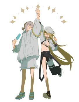 Rule 34 | 1boy, 1girl, :d, ^ ^, arm grab, arm up, artoria caster (fate), artoria caster (swimsuit) (fate), artoria pendragon (fate), asymmetrical clothes, asymmetrical pants, baseball cap, bikini, black pants, black ribbon, blonde hair, bow, breasts, clenched hands, closed eyes, closed mouth, coat, commentary, cropped jacket, denoia, fate/grand order, fate (series), food, full body, grey hair, hair bun, hand on another's arm, happy, hat, highres, holding, holding food, holding popsicle, jacket, legs, light blush, long hair, long sleeves, midriff, oberon (fate), open mouth, outstretched arm, pants, pocket, ponytail, popsicle, ribbon, sandals, short hair, shorts, shrug (clothing), single bare leg, single hair bun, single pantsleg, small breasts, smile, standing, standing on one leg, star (symbol), striped, striped pants, swimsuit, symbol-only commentary, white background, white bikini, white bow, white coat, white headwear, white jacket, white shorts, white wristband