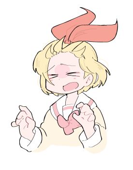 Rule 34 | > <, 1girl, annaka haruna, blonde hair, bow, bowtie, closed eyes, cropped torso, dot nose, floating hair, forehead, hair bow, hands up, highres, nichijou, open mouth, red bow, red bowtie, sailor collar, school uniform, short hair, simple background, solo, tokisadame school uniform, white background, white sailor collar, wichimi