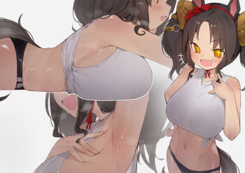 +_+ 1girl :d alternate_costume animal_ears arm_up armpits black_hair black_panties blush breasts fang grey_background hairband highres horse_ears horse_girl horse_tail large_breasts looking_at_viewer lying marvelous_sunday_(umamusume) multiple_views navel on_stomach open_mouth panties red_hairband shirt short_hair simple_background skin_fang sleeveless sleeveless_shirt smile stomach sweat tail theflatfacadeds tied_shirt twintails umamusume underwear white_shirt
