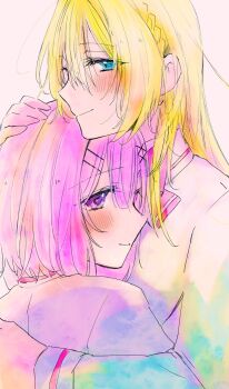 2girls absurdres amaori_renako ao_(aymr6215) blonde_hair blue_eyes blush bow bowtie closed_mouth commentary highres hug long_hair medium_hair multiple_girls ouzuka_mai pink_bow pink_bowtie pink_hair purple_eyes shirt smile upper_body watashi_ga_koibito_ni_nareru_wake_naijan_murimuri! white_shirt yuri