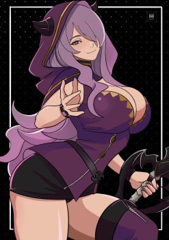 1girl alternate_costume bike_shorts blush breasts camilla_(fire_emblem) cleavage cleavage_cutout closed_mouth clothing_cutout commentary english_commentary fire_emblem fire_emblem_fates hair_over_one_eye highres holding hood hood_up horned_hood horns ihsnet keyblade kingdom_hearts large_breasts long_hair looking_at_viewer nintendo purple_eyes purple_hair purple_hood purple_shirt purple_thighhighs reaching reaching_towards_viewer shirt sleeveless sleeveless_shirt smile solo thick_thighs thighhighs thighs very_long_hair wavy_hair wristband