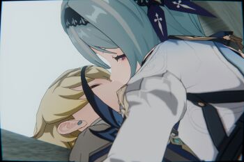 1boy 1boy1girls 1girl armpits assertive_female b-banto blonde_hair blue_background blue_earrings blue_gloves blue_hair clothing_cutout day eula_(genshin_impact) femdom french_kiss genshin_impact gloves hair_between_eyes hair_ornament hairband highres kiss long_sleeves mika_(genshin_impact) orange_eyes photo_(medium) reverse_ryona self-upload shoulder_cutout unconscious wide_sleeves