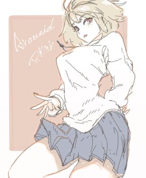 antenna_hair arcueid_brunestud arm_behind_back blonde_hair character_signature commentary commentary_request cowboy_shot highres jewelry koromoya miniskirt necklace open_mouth red_eyes skirt sweater tsukihime tsukihime_(remake) turtleneck turtleneck_sweater white_background white_sweater