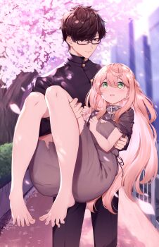 1boy 1girl :d absurdres bare_legs barefoot black_pants black_shirt blush braid breasts brown_eyes brown_hair bush capelet carrying chain cherry_blossoms cherry_tree city cityscape clenched_hands closed_mouth collar commentary_request cover cover_image cover_page day full_body glasses green_eyes hair_between_eyes hand_on_legs head_tilt highres holding legs long_hair looking_at_another nippon_ichi_no_koukousei_majutsushi_isekai_dorei_shoujo_wo_morau novel_cover novel_illustration nyum official_art open_mouth outdoors pants path pink_hair princess_carry rags railing road school_uniform shirt short_hair sidelocks slave small_breasts smile spread_toes swept_bangs toes torn_clothes tree very_long_hair