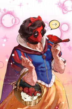 ... ...? 1boy ? apple asaki_r basket black_hair blue_dress bow bow_headband burn_scar cape cardinal_(animal) carrying character_logo commentary commission cosplay cowboy_shot crossdressing crossdressing_(mtf) deadpool deadpool_(series) disney dress food fruit gradient_background gun headband highres holding holding_basket looking_at_animal male_focus marvel multicolored_dress muscular muscular_male no_pupils pink_background puff_and_slash_sleeves puffy_sleeves red_bow red_cape red_headband red_mask scar short_hair snow_white_(disney) snow_white_(disney)_(cosplay) snow_white_and_the_seven_dwarfs_(disney) solo sparkle speech_bubble spoken_ellipsis spoken_question_mark weapon white_trim wig yellow_background yellow_dress