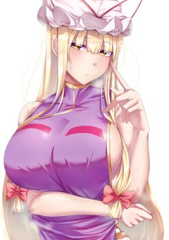 Rule 34 | 1girl, blonde hair, breasts, commentary request, hat, highres, index finger raised, large breasts, looking at viewer, mirufi (milfiiiiyu), mob cap, naked tabard, orange eyes, purple tabard, solo, tabard, touhou, yakumo yukari