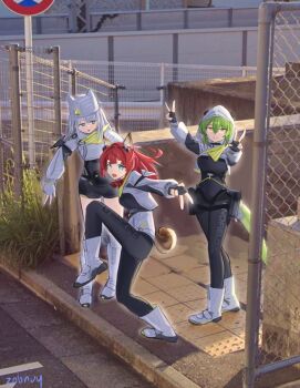 3girls akekuri_(arknights) arknights arknights:_endfield black_gloves blue_eyes bodysuit boots breasts double_v estella_(arknights) fingerless_gloves fluorite_(arknights) gloves green_eyes green_hair grey_bodysuit grey_eyes grey_hair highres looking_at_viewer medium_breasts multiple_girls red_hair thighs v white_boots zobnuy