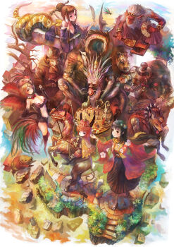 4girls accordion animal_ears arrow_(symbol) bad_id bad_pixiv_id boar boar_(chinese_zodiac) bull carrot chess_piece chinese_zodiac circlet crown dice dog_(chinese_zodiac) dragon dragon_(chinese_zodiac) fantasy folding_fan goat hagoita hand_fan hanetsuki highres horse horse_(chinese_zodiac) horseback_riding instrument lamia monkey monkey_(chinese_zodiac) monster_girl mouse_(animal) multiple_girls original ox_(chinese_zodiac) paddle perspective rabbit_(chinese_zodiac) rabbit_ears rat_(chinese_zodiac) riding rooster_(chinese_zodiac) sandals sheep_(chinese_zodiac) snake_(chinese_zodiac) tiger tiger_(chinese_zodiac) yoshiku_(oden-usagi)