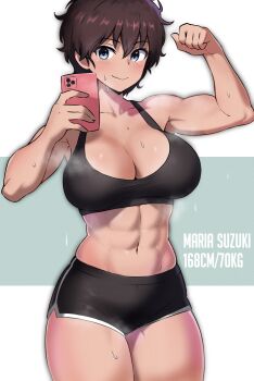 1girl abs amogan arms_up black_hair black_shorts black_sports_bra blue_eyes breasts brown_hair cellphone cleavage clenched_hand commentary commission dark_skin flexing girls_und_panzer highres holding holding_phone large_breasts looking_at_viewer muscular muscular_female navel one_eye_closed open_mouth phone pixie_cut pixiv_commission selfie short_hair short_shorts shorts simple_background smartphone solo sports_bra steaming_body suzuki_(girls_und_panzer) sweat tan white_background
