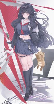 1girl absurdres black_choker black_hair black_jacket black_serafuku black_shirt black_shoes black_skirt black_socks chisa_(wuthering_waves) choker commentary crop_top highres jacket loafers long_hair looking_at_viewer luridrumours midriff mole mole_under_eye namipon_(wuthering_waves) navel red_eyes sailor_collar school_uniform serafuku shirt shoes skirt socks solo thigh_strap very_long_hair white_sailor_collar wuthering_waves