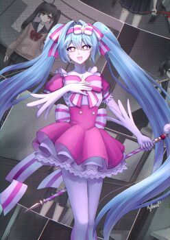 1girl absurdres aqua_hair black_sailor_collar black_skirt bow cane dress gloves hair_bow hair_intakes hand_on_own_chest hatsune_miku highres holding holding_cane ima_sugu_rinne_(vocaloid) long_hair long_sleeves magical_girl mythicat open_mouth pantyhose pink_dress pink_eyes pleated_skirt puffy_short_sleeves puffy_sleeves sailor_collar school_uniform short_sleeves skirt smile star_(symbol) star_in_eye symbol_in_eye twintails very_long_hair vocaloid white_bow white_gloves white_pantyhose