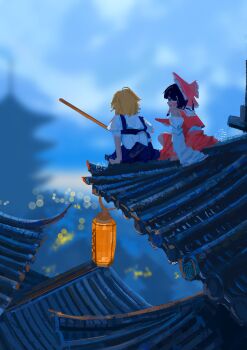 Rule 34 | 2girls, absurdres, architecture, bare shoulders, black dress, black eyes, black hair, blonde hair, bow, detached sleeves, dress, east asian architecture, from behind, hair bow, hakurei reimu, highres, japanese clothes, kirisame marisa, koukouya, lantern, miko, multiple girls, on roof, open mouth, paper lantern, puffy short sleeves, puffy sleeves, red bow, red shirt, red skirt, scenery, shirt, short hair, short sleeves, sitting on roof, skirt, touhou, white shirt