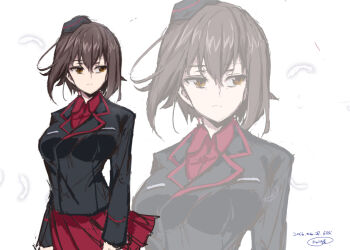 Rule 34 | 1girl, breasts, brown eyes, brown hair, clenched hands, dated, feathers, garrison cap, girls und panzer, hat, jacket, kuromorimine military uniform, large breasts, looking to the side, military, military hat, military jacket, military uniform, miniskirt, nishizumi maho, nyuu (manekin-eko), pleated skirt, red shirt, red skirt, shirt, signature, simple background, skirt, solo, upper body, white background