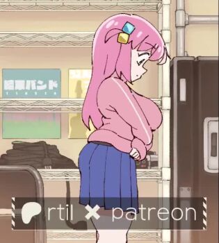 1girl animated arms_up black_shirt blue_eyes blue_skirt bocchi_the_rock! breasts gotoh_hitori jacket large_breasts long_hair looking_at_viewer nervous_smile patreon pink_hair pink_jacket ponytail rtil shirt skirt smile tagme undressing video