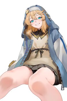 1boy absurdres aqua_eyes bare_legs bike_shorts bike_shorts_under_skirt black_shorts black_skirt blonde_hair blue_jacket bridget_(guilty_gear) commentary_request feet_out_of_frame guilty_gear guilty_gear_strive hair_between_eyes highres hood hood_up hooded_jacket hoodie jacket long_sleeves male_focus nbee_ya open_clothes open_hoodie open_mouth shorts sitting skirt smile solo trap