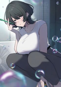 1girl air_conditioner black_hair blurry blush breasts bubble bunsai collarbone commentary_request depth_of_field electric_fan grey_pants hand_up head_tilt high-waist_pants highres holding indoors knees_to_chest large_breasts long_hair looking_at_viewer nail_polish open_mouth original outdoors pants purple_eyes purple_nails shirt sidelocks solo squatting watermark white_shirt window wolf_cut
