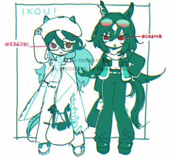 Rule 34 | 2girls, alternate costume, animal ears, aqua theme, bag, baggy pants, bespectacled, closed mouth, coat, collared coat, ear ornament, ears through headwear, eyelashes, eyewear on head, fashion, frilled shirt, frills, full body, fur-trimmed jacket, fur trim, glasses, hair between eyes, hand on headwear, hand on own hip, handbag, happy, height difference, high-waist pants, highres, holding, holding bag, horse ears, horse girl, horse tail, jacket, jewelry, lapels, leather, leather jacket, monochrome, multicolored hair, multiple girls, notched lapels, open clothes, open coat, open jacket, outside border, pants, pink eyes, platform shoes, red eyes, ring, round eyewear, scarf, shirt, shoes, sirius symboli (umamusume), smile, sneakers, spot color, standing, streaked hair, suaviterra, sunglasses, symboli rudolf (umamusume), tail, tsurime, umamusume, v-shaped eyebrows, watermark, wedding ring, white background