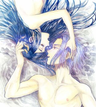 1boy 1girl blue_hair breasts collarbone commentary_request eye_contact ferdinand_(honzuki_no_gekokujou) half-closed_eyes hand_in_another&#039;s_hair hetero highres hitsuki_(hiidukii) honzuki_no_gekokujou looking_at_another lying medium_breasts myne_(honzuki_no_gekokujou) nipples nude on_side open_mouth rotational_symmetry traditional_media watercolor_pencil_(medium) yellow_eyes