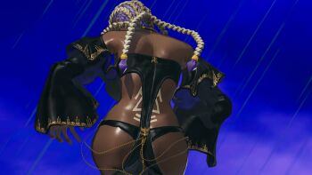 1girl 3d ass backboob bodypaint braid braided_ponytail breasts curvy dark-skinned_female dark_skin dolores_(kof) dress female_focus from_behind gold highres huge_ass huge_breasts jewelry large_breasts leather long_hair long_sleeves multicolored_hair outdoors panties purple_hair rain standing the_king_of_fighters thick_thighs thighs two-tone_hair underwear white_hair