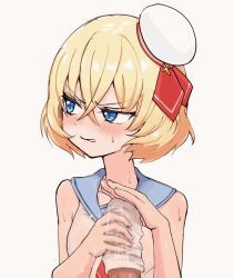 1boy 1girl angry animated annoyed beret blonde_hair blue_eyes blush breasts clenched_teeth cross dot_nose frown glansjob hair_between_eyes handjob hat hat_ribbon hetero holding jashin-chan_dropkick large_penis lierre loli looking_to_the_side mini_hat motion_blur motion_lines neckerchief nose penis petite red_neckerchief red_ribbon ribbon sailor_collar shino_(yaruki_nai_yatsu) short_hair simple_background sleeveless small_breasts sock_on_penis sockjob socks sweat sweatdrop teeth two-handed upper_body veins veiny_penis video white_background