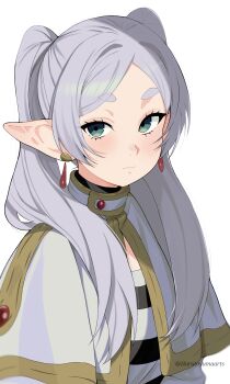 Rule 34 | 1girl, absurdres, capelet, closed mouth, earrings, elf, frieren, green eyes, grey hair, harutoyumaarts, highres, jewelry, long hair, looking at viewer, pointy ears, shirt, simple background, solo, sousou no frieren, striped clothes, striped shirt, twintails, twitter username, white background, white capelet