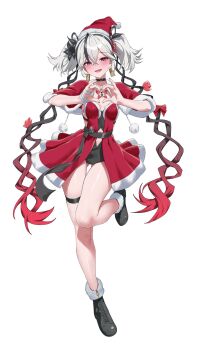 Rule 34 | 1girl, alternate costume, black choker, black eyes, black flower, black leotard, black shoes, blake bloom (wuthering waves), blush, breasts, camellya (wuthering waves), capelet, choker, dress, earrings, flower, full body, fur-trimmed capelet, fur-trimmed dress, fur trim, gluteal fold, gold earrings, hair between eyes, hair flower, hair ornament, hair ribbon, hair vines, hat, heart, heart hands, high-low dress, highres, jewelry, leotard, looking at viewer, medium breasts, open mouth, red capelet, red pupils, red ribbon, ribbon, rkin, santa hat, shoes, short hair, short twintails, simple background, smile, solo, tacet mark (wuthering waves), thigh gap, thigh strap, twintails, whip, white background, wuthering waves