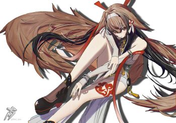 1girl absurdres arm_on_knee armlet black_shoes bracelet brown_hair brown_tail china_dress chinese_clothes clover clover_hair_ornament commentary dress droopy_ears english_commentary fini_kin hair_ornament hairband head_rest highres invisible_chair jewelry leg_tattoo long_hair looking_at_viewer metal_bracelet red_eyes red_ribbon ribbon shadow shoes signature silver_armlet silver_bracelet simple_background sitting solo tail tattoo twitter_username very_long_hair white_background white_hairband ye_shunguang zenless_zone_zero