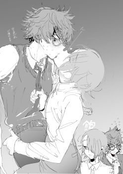 2boys adjusting_clothes adjusting_necktie blush closed_eyes collared_shirt commentary_request eye_visible_through_hair facial_mark flying_sweatdrops frown furrowed_brow glasses greyscale hair_between_eyes hair_over_one_eye hand_on_another's_hip heart highres holding holding_necktie kiss long_sleeves looking_at_another looking_to_the_side male_focus master_detective_archives:_rain_code messy_hair monochrome multiple_boys multiple_views na_6 necktie pants pulling shirt short_hair surprise_kiss surprised sweat yaoi yomi_hellsmile zilch_alexander