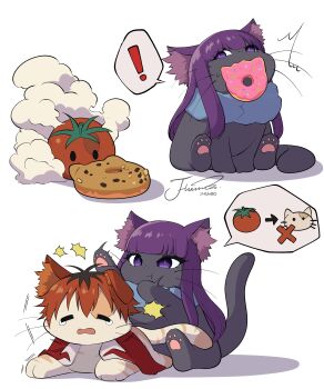 ! absurdres animal animal_focus animal_with_hair animalization brown_hair cat clothed_animal commentary_request donut fern_(sousou_no_frieren) food grey_background highres j_humbo long_hair looking_at_viewer multicolored_hair purple_hair signature simple_background sitting smoke sousou_no_frieren speech_bubble spoken_exclamation_mark stark_(sousou_no_frieren) tomato two-tone_hair