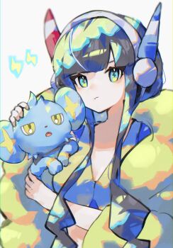 1girl :t absurdres asatte_3z black_hair blue_eyes breasts closed_mouth elesa_(pokemon) gen_4_pokemon headphones highres jacket lightning_bolt-shaped_pupils lightning_bolt_symbol long_hair medium_breasts nintendo open_clothes open_jacket pokemon pokemon_(creature) pokemon_bw2 shinx simple_background symbol-shaped_pupils very_long_hair white_background yellow_jacket